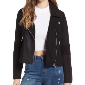 Blank NYC Black Suede Moto Biker Jacket Sweater Ribbed Knit Sleeves Size XS $150